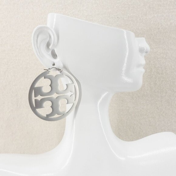 Tory Burch Miller Statement Logo Hoop Earrings Silver OS - Picture 5 of 9
